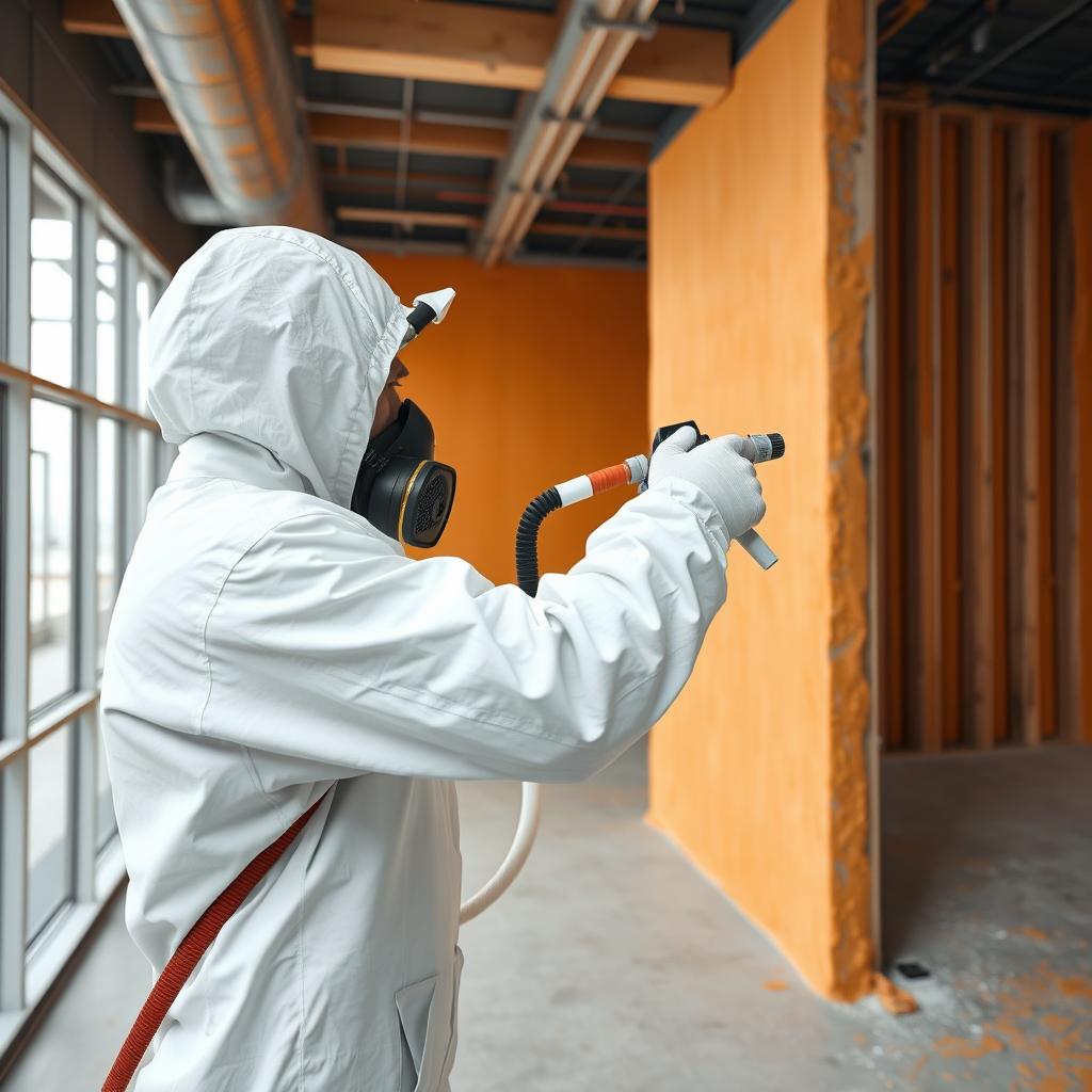 Spray foam contractor applying closed-cell foam insulation in a commercial building